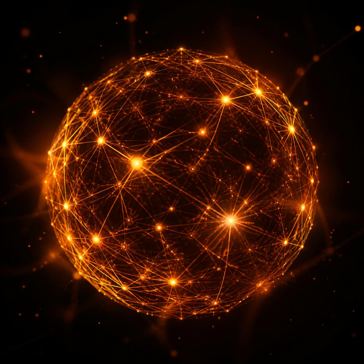 Esfera de rede neural luminosa em tons de laranja representando inteligência artificial